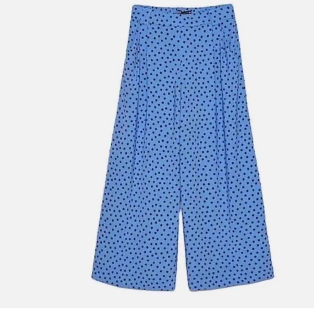 Blue Polka Dot Wide Leg High Rise Crop Pants